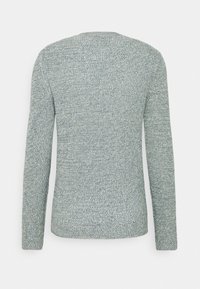 Pull en tricot gris clair à manches longues, présentant un motif texturé et un col rond. La vue arrière montre un design sans couture.
