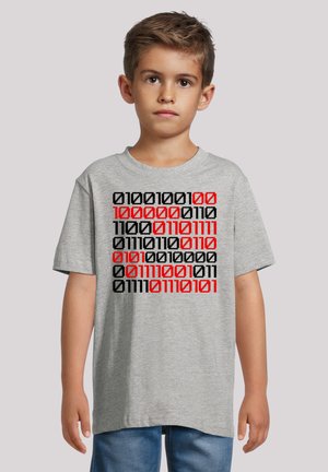 Gray short-sleeve t-shirt featuring a graphic of binary code in red and black printed on the front. Round neck design; relaxed fit.