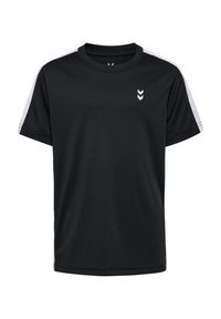 Zwart sport T-shirt van ademend materiaal, met witte accenten op de schouders en een klein logo op de borst. Korte mouwen, ronde hals.
