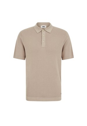 Beige poloshirt met korte mouwen, drie knopen en een zachte kraag, gemaakt van gestructureerde gebreide stof.