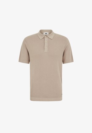 Beige poloshirt met korte mouwen, drie knopen en een zachte kraag, gemaakt van gestructureerde gebreide stof.