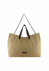 Borsa a spalla in tela beige con manici in pelle nera; forma spaziosa e rettangolare; design minimalista con una piccola etichetta logo.