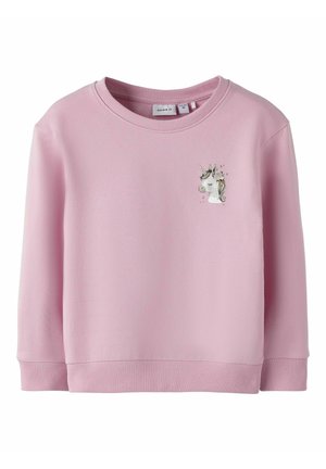 Pink sweatshirt made of soft cotton blend, featuring ribbed cuffs and hem. Includes a unicorn graphic with detailed mane on the front.