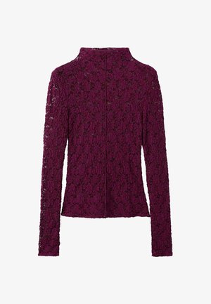 Long-sleeve top made of purple lace with a high neckline and a straight cut. The back features a center seam and subtle floral patterns.