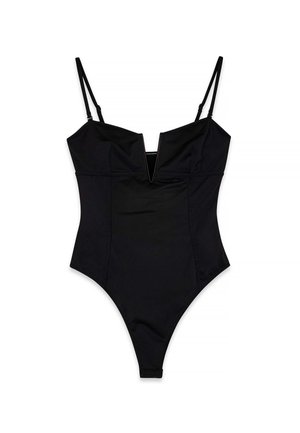 Melnā viengabala peldkostīms ar regulējamiem šauriem plecu siksniņām, dziļu V-veida kakla izgriezumu un bezšuvju dizainu. Gluda auduma, ar minimālu apdari.