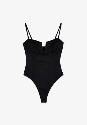 Mustam ühes tükis ujumisriietus, millel on reguleeritavad õhukesed rihmad, sügav V-kaelus ja sujuv disain. Sile materjal minimaalsete detailidega.