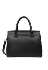 Borsa a mano in pelle nera con una forma strutturata, doppi manici e una tracolla rimovibile. Superficie texturizzata con dettagli in metallo dorato.
