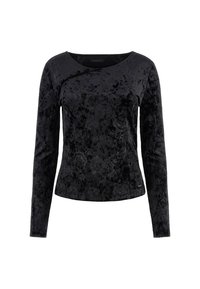 Schwarzes Samt-Oberteil mit langen Ärmeln, das über einen asymmetrischen Ausschnitt und florale Texturdetails verfügt. Glatte Oberfläche mit subtiler Schimmerung.