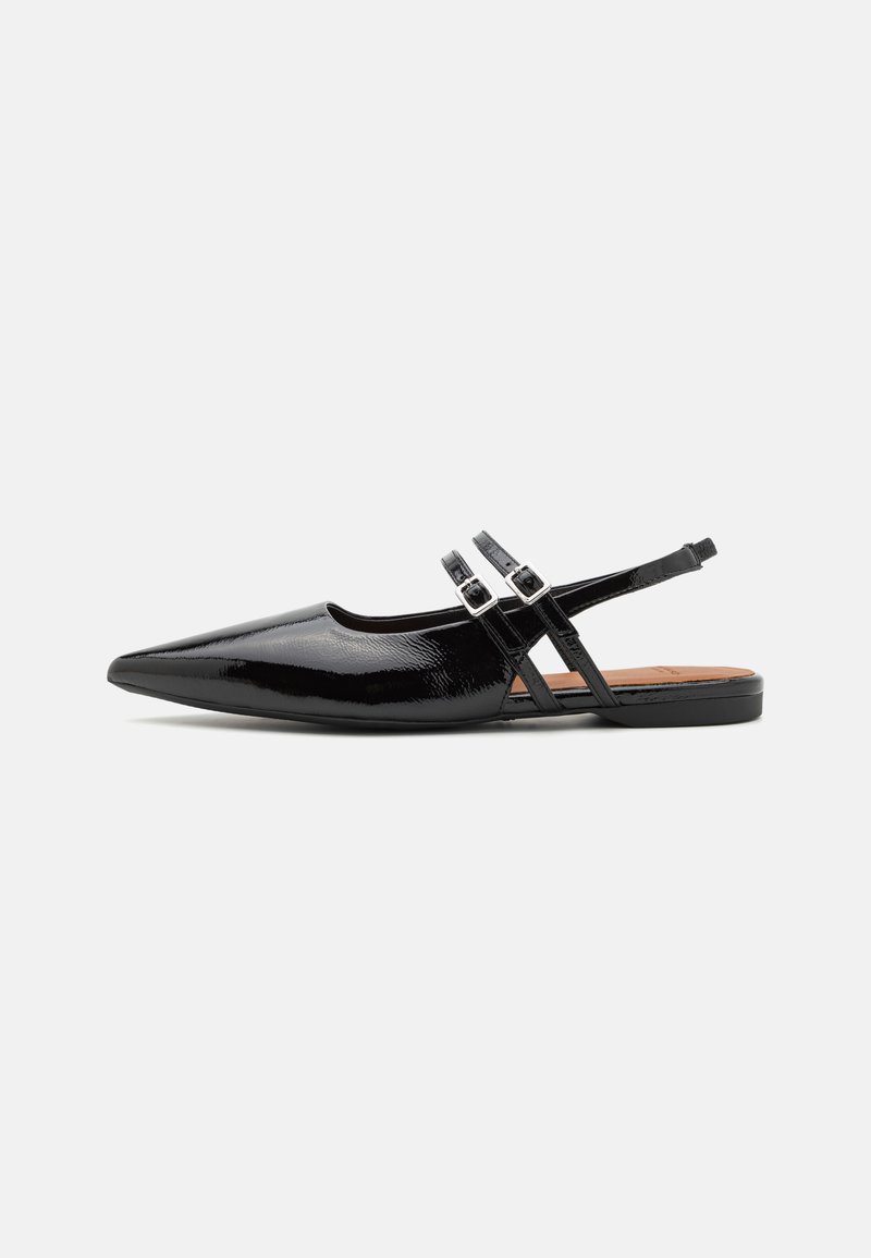 Black patent leather slingback shoes feature a pointed toe, two straps with buckle accents, and a flat sole.