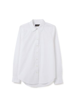 Camicia bianca a maniche lunghe in tessuto di cotone con colletto button-down, bottoni frontali e orlo curvo. Texture liscia, design classico.