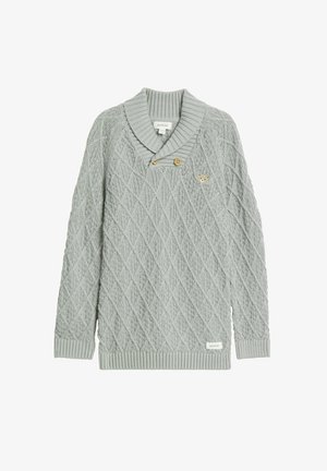 Hellgrauer Strickpullover mit Zopfmuster, Schalkragen, zwei Holzknöpfen, gerippten Bündchen und Saum sowie kleinem aufgesticktem Bär auf der Brust.