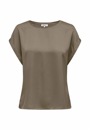 Blusa da donna a maniche corte verde oliva con scollo tondo e polsini piegati, realizzata in tessuto liscio e lucido.