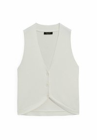 Canottiera bianca senza maniche con scollo a V, texture a coste e chiusura frontale con cinque bottoni. Presenta un orlo curvo e dettagli di sartoria sottili.