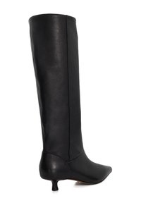 Knee-high black leather boot with a pointed toe and low kitten heel, featuring a smooth texture and minimalist design.