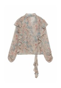Blusa trasparente con stampa floreale pastello, colletto alto, dettagli arricciati lungo le maniche e il retro, e polsini arricciati.