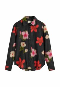 Camicia nera con bottoni, caratterizzata da una vivace stampa floreale con fiori rosa e rossi. Tessuto leggero con maniche lunghe e design del colletto standard.