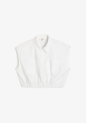 Hvid cropped button-up skjorte med korte ærmer, to forlommer og elastisk kant. Fremstillet af letvægtigt, glat stof.