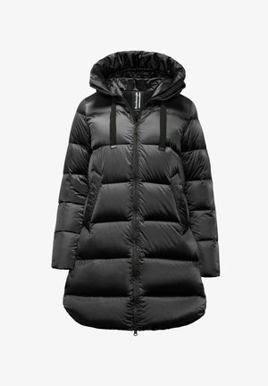 Black puffer coat featuring a hood, zip closure, and padded sections. Made of smooth material with a slightly shiny texture.