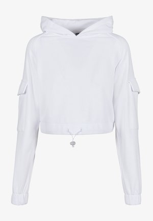 Afskaffet hvid hættetrøje lavet af blødt stof, med en justerbar snor ved kanten og sidelommer på ærmerne.