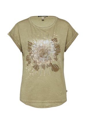 Khaki t-shirt met korte mouwen en een ronde hals. Bevat een decoratief ontwerp met geconcentreerde cirkels en stippen in het wit en bruin.