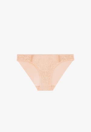 Biancheria intima da donna stile bikini in pizzo beige con motivi floreali, pannelli laterali lisci e design senza cuciture.