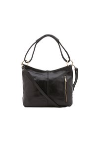 Borsa a tracolla in pelle nera con texture liscia, tasca con zip sulla parte anteriore e doppi manici, di cui uno regolabile e staccabile.