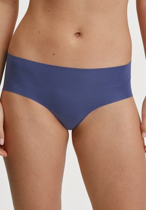 Navy blauwe naadloze hipsteronderbroek, gemaakt van zacht, rekbaar materiaal, met een brede tailleband en een gladde afwerking.