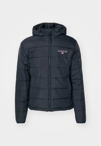 Czarna pikowana kurtka z kapturem, zamkiem z przodu, bocznymi kieszeniami oraz małym logo z flagą na piersi.