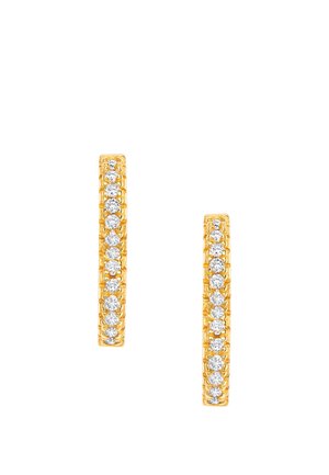 Gold hoop earrings each set with a row of clear round gemstones along the outer edge.