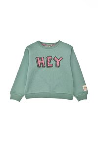 Mintgrüner Sweatshirt mit langen Ärmeln, ausgestattet mit einem auffälligen pinken "HEY"-Grafik auf der Vorderseite und einem strukturierten Saum. Etikett am Ärmel.