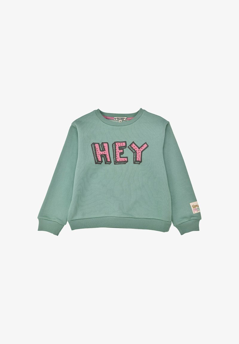Mintgrüner Sweatshirt mit langen Ärmeln, ausgestattet mit einem auffälligen pinken "HEY"-Grafik auf der Vorderseite und einem strukturierten Saum. Etikett am Ärmel.