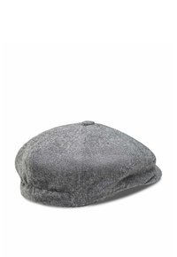 Gray flat cap made of textured fabric. Rounded shape with a stitched top and slightly extended brim. Simple, classic design with no accents.