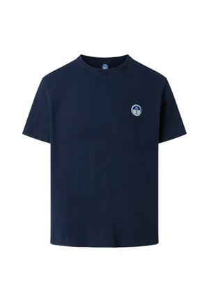T-shirt di cotone blu navy con collo rotondo, maniche corte e un piccolo logo rotondo con "N" e "S" sul petto sinistro.