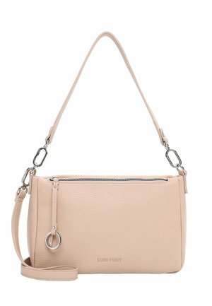 Beige skuldertaske i læder med sølv lynlås og ringdetalje, aftagelig strop og "SURI FREY" præget logo foran.