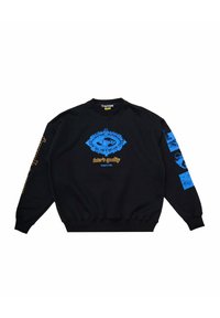 Felpa nera con un design grafico centrale blu e dettagli blu sulle maniche. Presenta testo dorato e polsini e orlo a coste.