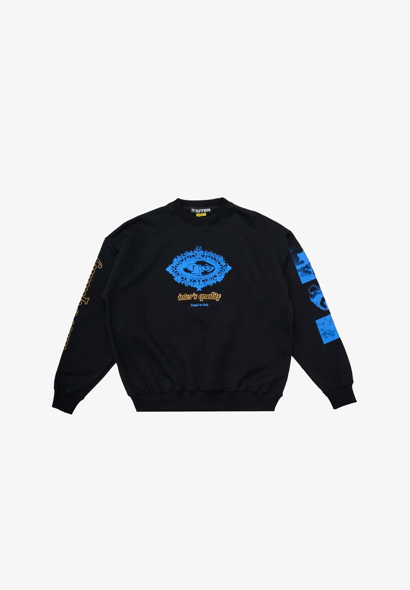 Felpa nera con un design grafico centrale blu e dettagli blu sulle maniche. Presenta testo dorato e polsini e orlo a coste.