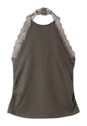 Tielko tmavozelenej olivovej farby bez rukávov s čipkovanou ozdobou okolo krku a bokov, so zapínaním na gombík na zadnej strane krku.