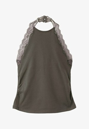 Tielko tmavozelenej olivovej farby bez rukávov s čipkovanou ozdobou okolo krku a bokov, so zapínaním na gombík na zadnej strane krku.