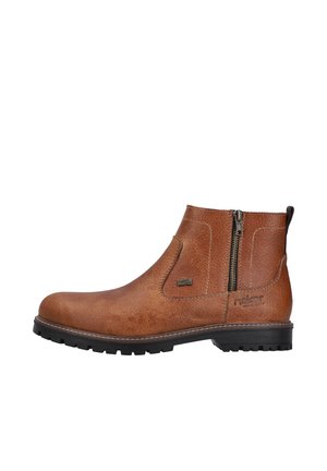Bottine en cuir marron avec détail de fermeture éclair, finition texturée et semelle en caoutchouc noir robuste. Logo sur le côté.