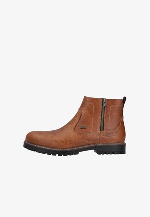 Bottine en cuir marron avec détail de fermeture éclair, finition texturée et semelle en caoutchouc noir robuste. Logo sur le côté.