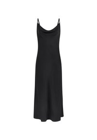 Robe noire sans manches avec un décolleté drapé, un tissu fluide, une silhouette évasée en A, et une texture lisse. Design simple sans ornements.