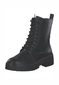 Bottines pour hommes en cuir noir à lacets, avec une semelle chunky, ornées d'accents métalliques décoratifs et d'une languette à l'arrière.