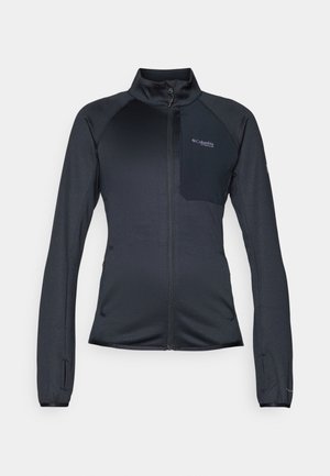 Czarna sportowa kurtka z zamkiem z przodu, wysokim kołnierzem, teksturowanym materiałem i kieszenią na piersi. Posiada elastyczne mankiety oraz boczne kieszenie na zamek.