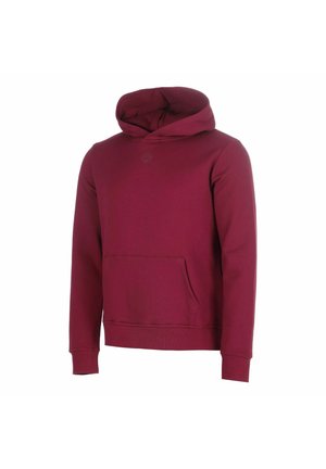 Dunkelroter Hoodie mit Fronttasche, langen Ärmeln, gerippten Bündchen und Saum sowie angenähter Kapuze, dargestellt vor einfarbigem Hintergrund.