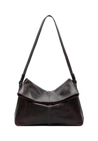 Sac à épaule en cuir marron foncé avec une large sangle et un rabat supérieur plié, présentant des coutures discrètes et une texture lisse.