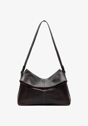 Dark brown leather shoulder bag with a wide strap and a folded top flap, featuring subtle stitching and a smooth texture.