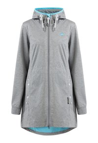 Grå zip-up jacka med huva, ljusblå detaljer och tryckknappsfunktioner på sidorna. Mjuk textur med en längre bakre fåll.