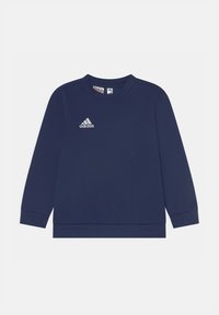 Sudadera de color azul marino, hecha de una tela suave, con mangas largas, cuello redondo y un logo blanco de Adidas en el lado izquierdo del pecho.