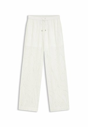 White wide-leg pants with subtle swirling pattern, elastic waistband, and white drawstring with silver metal tips.