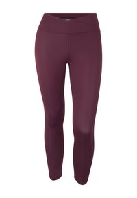 Leggings burdeos con una cintura alta. Fabricados con un material elástico, con una textura suave y un diseño ajustado.